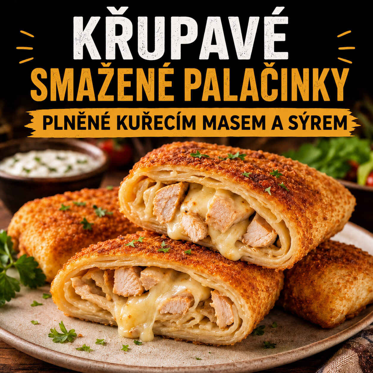 Křupavé plněné palačinky s kuřecím masem a sýrem
