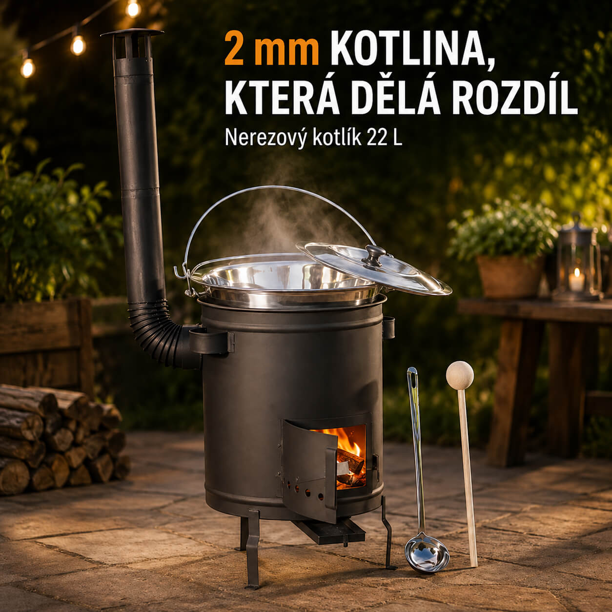🔥🍲 Nerezový kotlík 22 L s vysokou 2 mm kotlinou HODO: když se u ohně pracuje pohodlněji