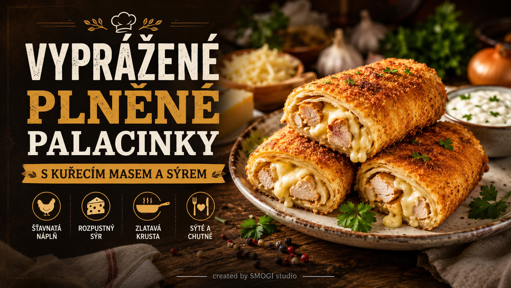 Křupavé plněné palačinky s kuřecím masem a sýrem