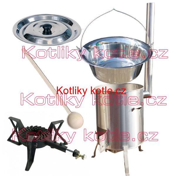Nerezový kotlík 10 L (0,8 mm) + nerezová kotlina 36 cm + litinový hořák 7 kW, vařečka LUX