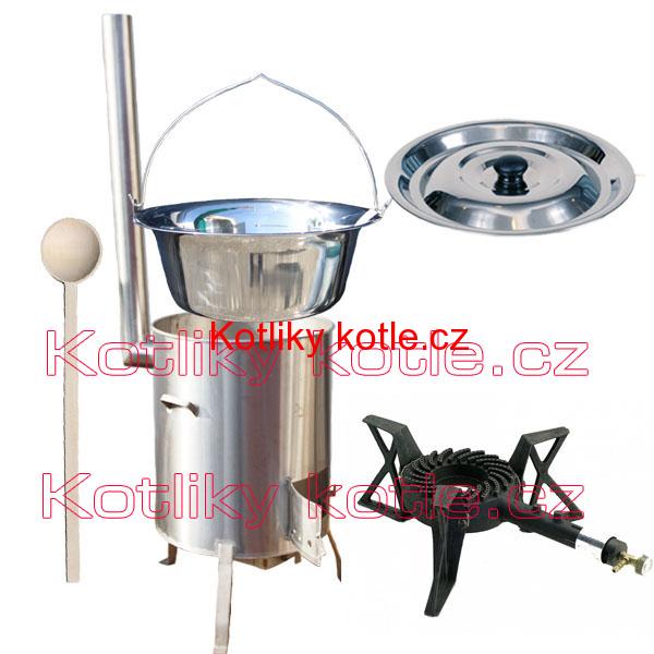 Nerezový kotlík 10 L (0,8 mm) + nerezová kotlina 36 cm + litinový hořák 7 kW, vařečka LUX