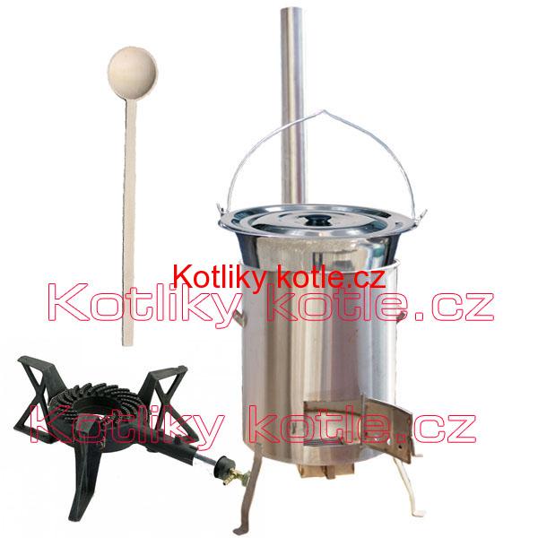 Nerezový kotlík 10 L (0,8 mm) + nerezová kotlina 36 cm + litinový hořák 7 kW, vařečka LUX