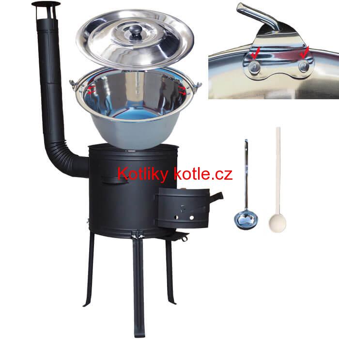Nerezový kotlík 15 L (0,8 mm) zesílený s nýty + kovová kotlina s vysokými nožičkami 36 cm, žáruvzdorná barva Plus 700 + vařečka a naběračka
