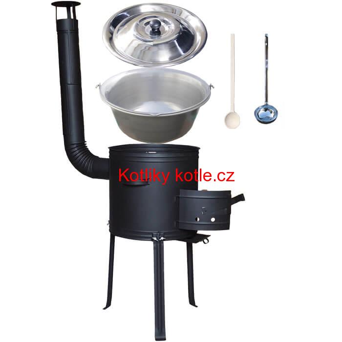 Nerezový kotlík 20 L (1,5 mm) + kovová kotlina s vysokými nožičkami 42 cm , žáruvzdorná barva Plus 700 + vařečka a naběračka