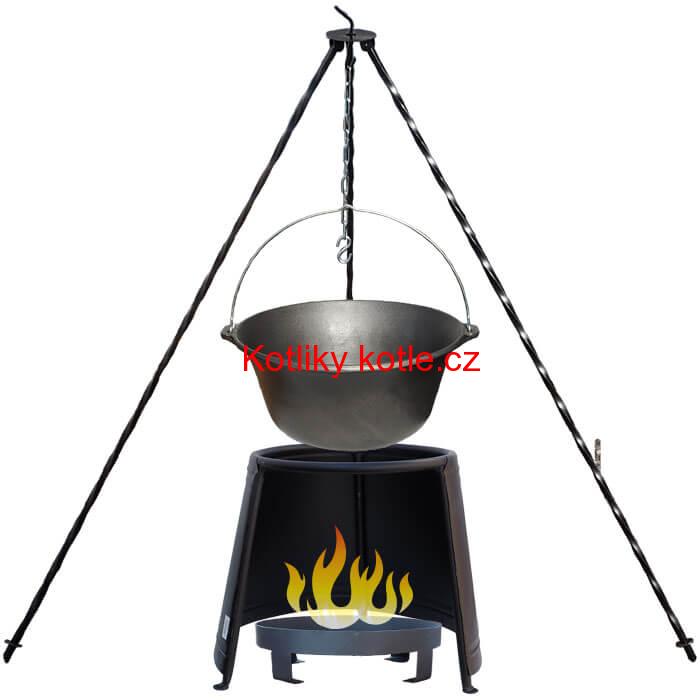 Litinový kotlík 7,2 L + chránič plamene 32 cm + ohniště 36 cm + trojnožka 1,2 m