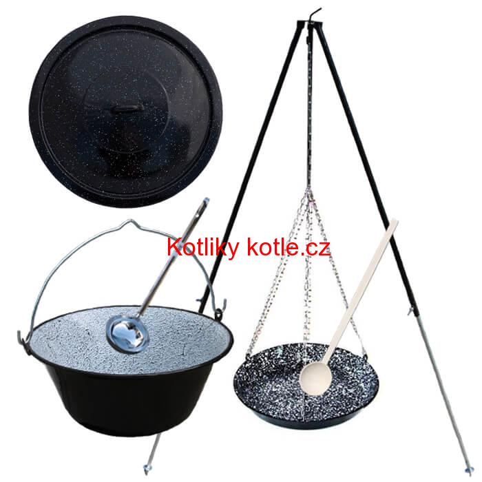 Smaltovaný kotlík 30 L + pánev na grilování + teleskopická trojnožka