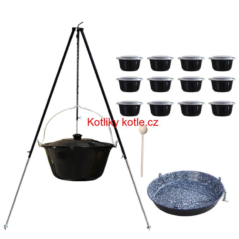 Smaltovaný kotlík 30 L + pánev na grilování + teleskopická trojnožka + misky 12 ks