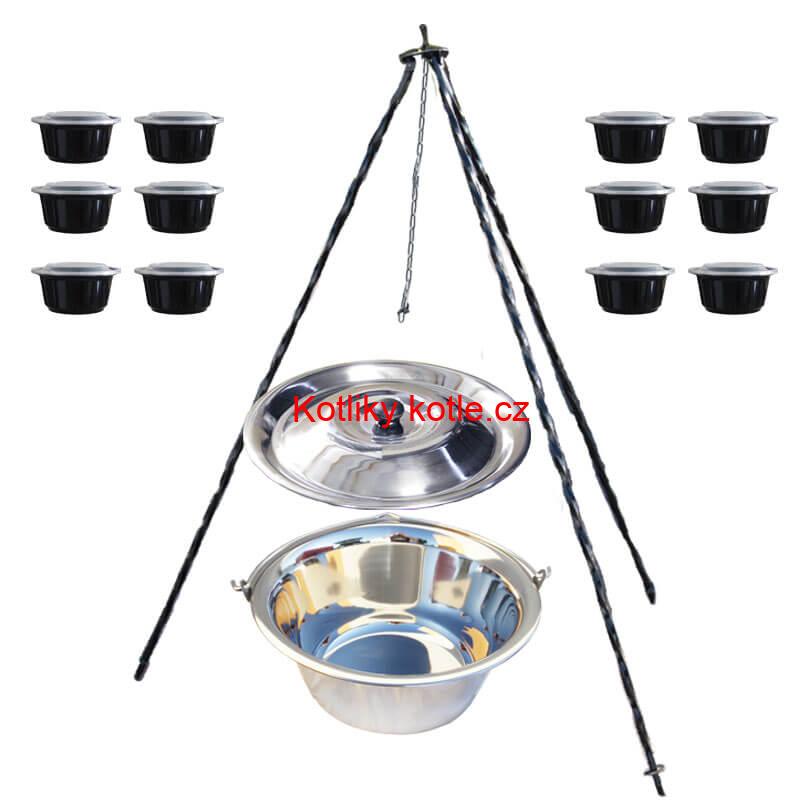 Nerezový kotlík 14 L (0,8 mm) INOX + poklice + trojnožka 1,20 m + misky 12 ks