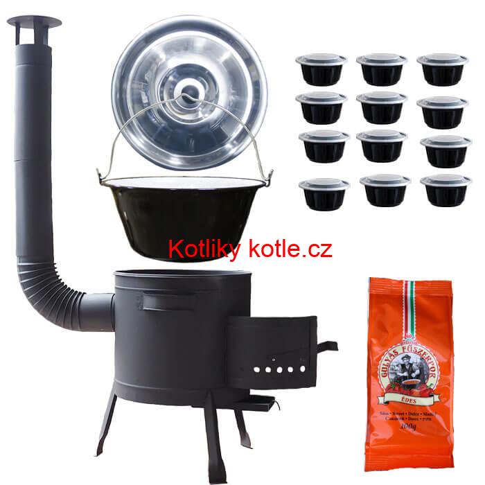 Smaltovaný kotlík 25 L (1,2 mm) + poklice + misky 12 ks + nízká žáruvzdorná kotlina (0,8 mm) 42 PLUS 600