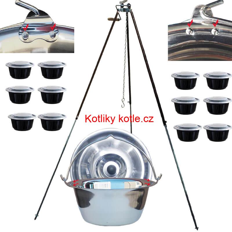 Nerezový kotlík 30 L (0,8 mm) s nýty + teleskopická trojnožka s pojistnou kladkou + misky 12 ks
