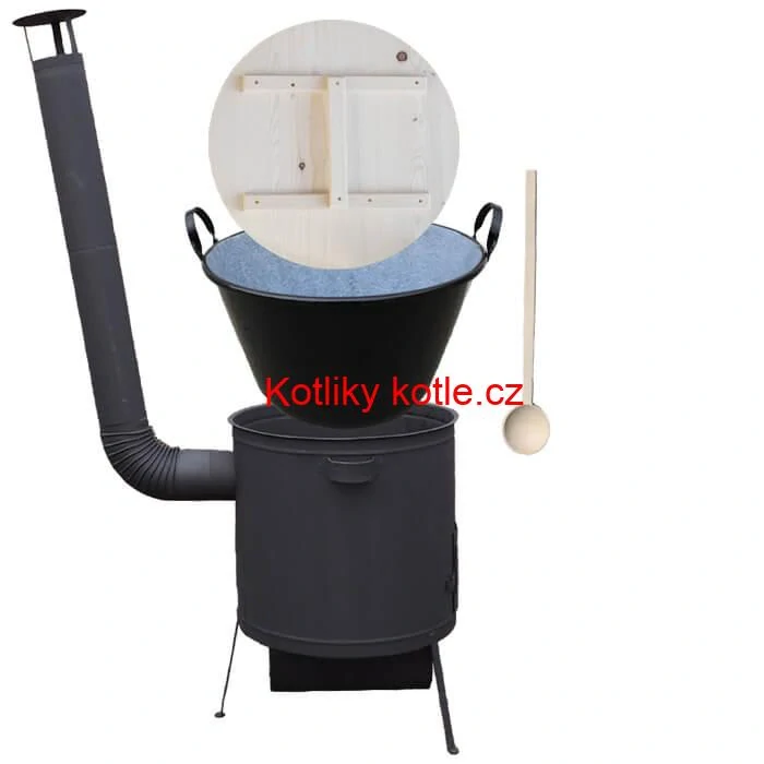 Zabijačkový smaltovaný kotel 100 L, žáruvzdorná kotlina 42 PLUS 600 4 MM, dřevěná poklice + vařečka