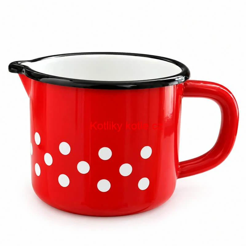 Červený smaltovaný hrnek s bílými puntíky 600 ml
