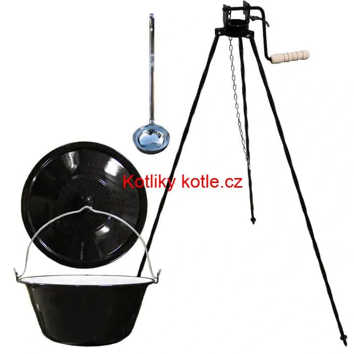 Smaltovaný kotlík 30 L + poklice + stojan s kladkou VAR