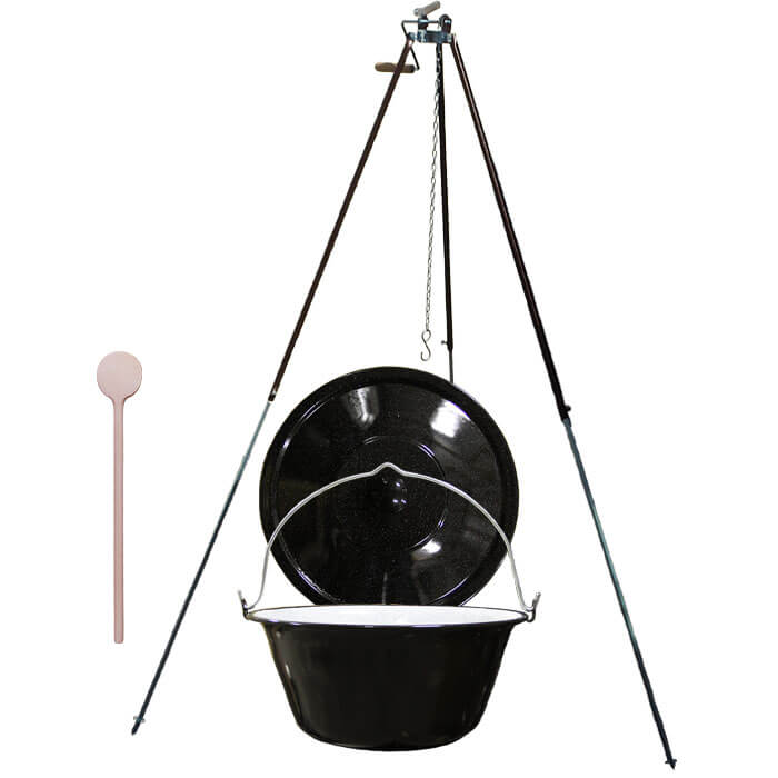 Smaltovaný kotlík 20 L (1,2 mm) + teleskopická trojnožka s pojistnou kladkou + poklice