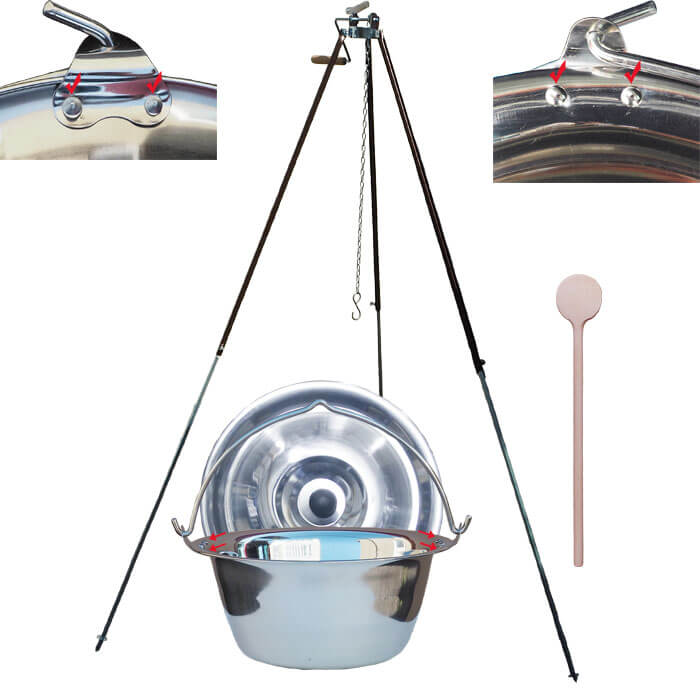 Nerezový kotlík 30 L (0,8 mm) s nýty + teleskopická trojnožka s pojistnou kladkou + poklice