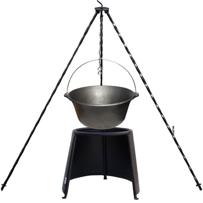 Litinový kotlík 10,8 L + chránič plamene 37 cm + trojnožka 1,2 m
