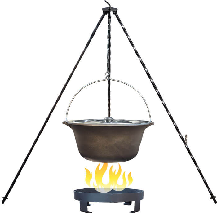 Litinový kotlík 7,2 L + nerezová poklice  + trojnožka 1,2 m + ohniště 36 cm
