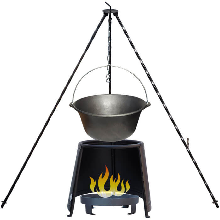 Litinový kotlík 10,8 L + chránič plamene 37 cm + ohniště 36 cm + trojnožka 1,2 m