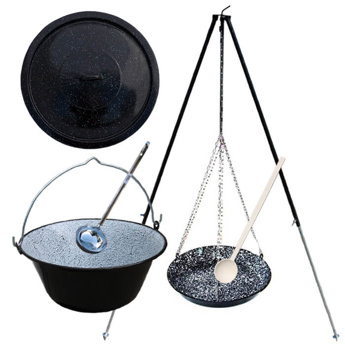 Smaltovaný kotlík 30 L + pánev na grilování + teleskopická trojnožka