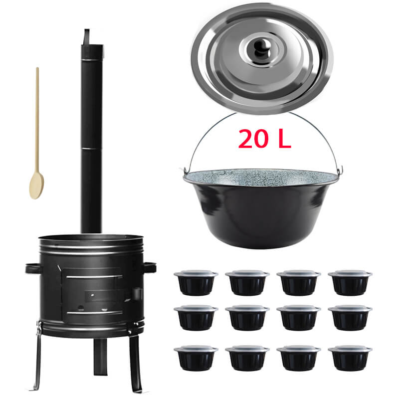 Smaltovaný kotlík 20 L (0,8 mm) + kovová kotlina 42 KOV + vařečka + misky 12 ks