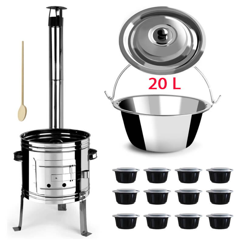 Nerezový kotlík 20 L (1,2 mm) + nerezová kotlina 42 INOX + vařečka + misky 12 ks