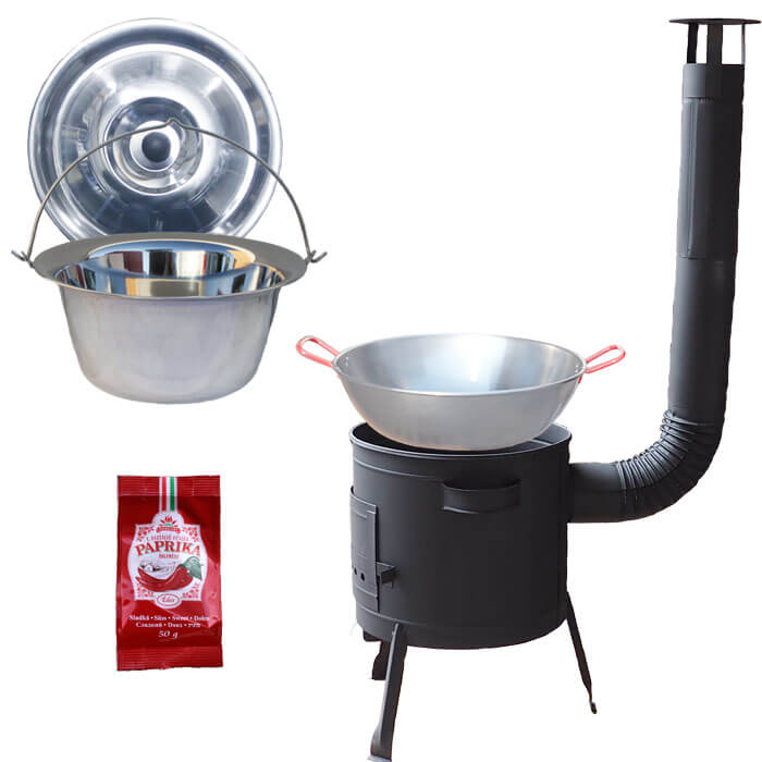 Nerezový kotlík 22 L (0,8 mm) INOX + Pánev PAELLA (WOK) 45 cm + sladká paprika 50 g + nízká kotlina 42 PLUS 600