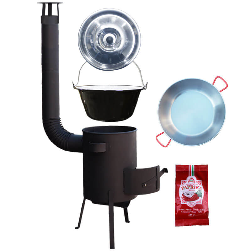 Smaltovaný kotlík 22 L + Pánev PAELLA (WOK) 45 cm + sladká paprika 50 g + žáruvzdorná kotlina 42 PLUS 600 s roštem na popel 4 mm