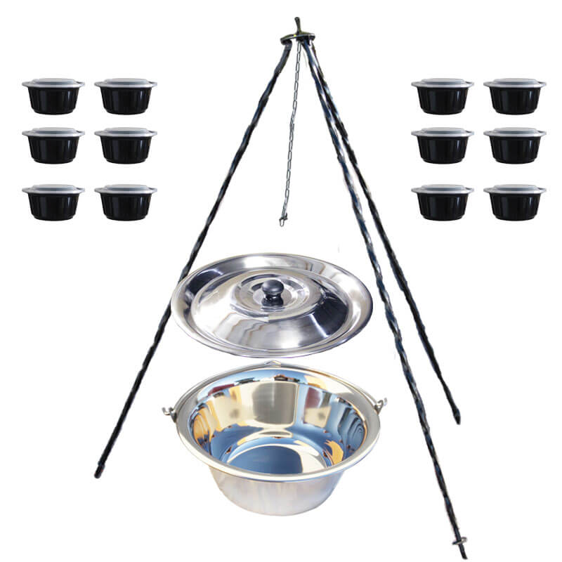 Nerezový kotlík 8 L (0,8 mm) INOX + poklice + trojnožka 1,20 m + misky 12 ks