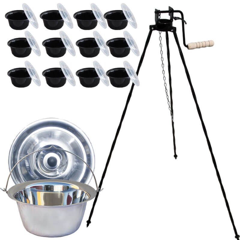 Nerezový kotlík 22 L + stojan s kladkou VAR + misky 12 ks