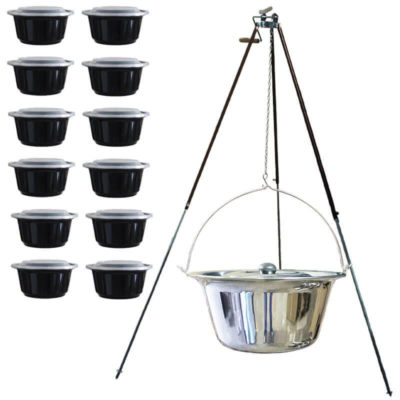 Nerezový kotlík 20 L (1,2 mm) + teleskopická trojnožka s pojistnou kladkou + misky 12 ks