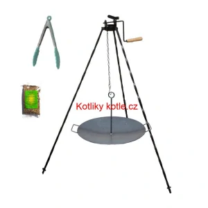 Grilovací souprava CLASSIC STEEL PRO: Trojnožka 1,2m s kladkou + Železná pánev 49 cm