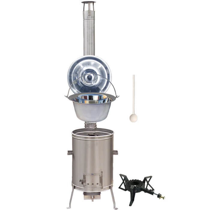 Nerezový kotlík 15 L (1,2 mm) + nerezová kotlina 36 cm + litinový hořák 7 kW, vařečka LUX