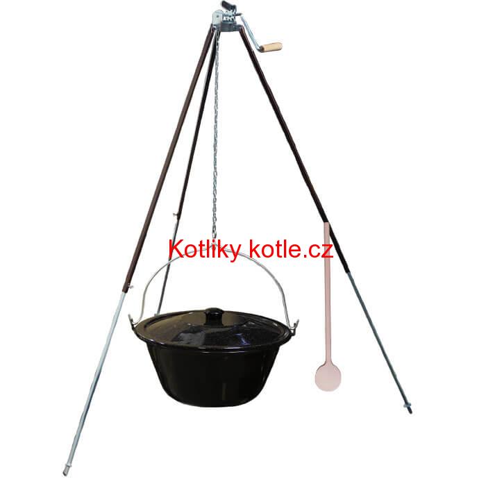 Smaltovaný kotlík 30 L (1,2 mm) + teleskopická trojnožka s pojistnou kladkou + poklice