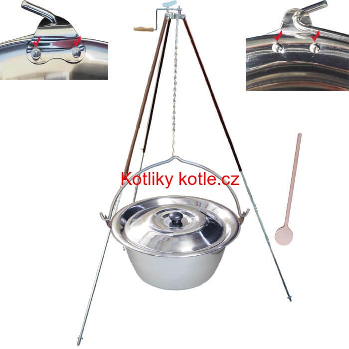 Nerezový kotlík 30 L (0,8 mm) s nýty + teleskopická trojnožka s pojistnou kladkou + poklice
