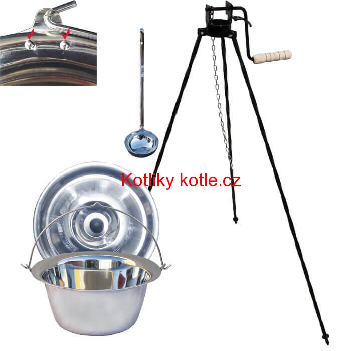 Nerezový kotlík 20 L (0,8 mm) s nýty + stojan s kladkou VAR