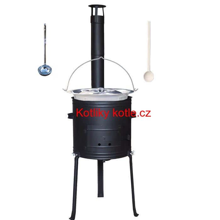 Nerezový kotlík 14 L (0,8 mm) + kovová kotlina s vysokými nožičkami 36 cm, žáruvzdorná barva Plus 700 + vařečka a naběračka