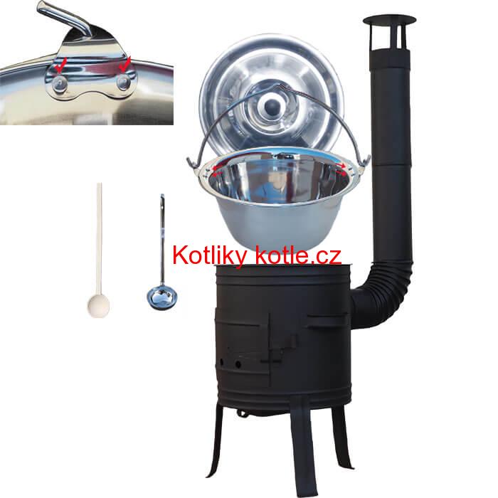 Nerezový kotlík 10 L (0,8 mm) s nýty + nízká žáruvzdorná kotlina 33 cm PLUS 700 + vařečka a naběračka