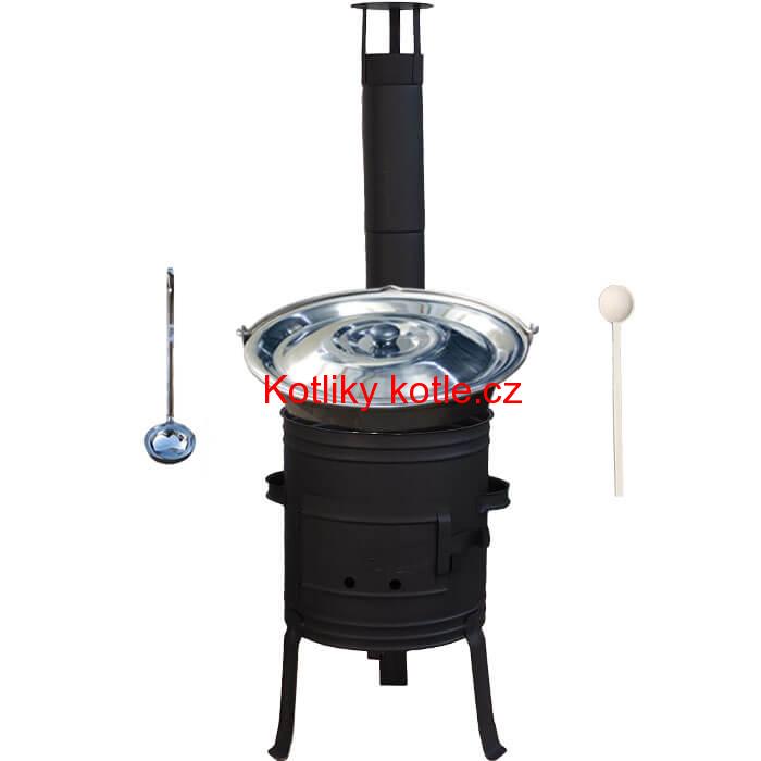 Nerezový kotlík 10 L (1,5 mm) + nízká žáruvzdorná kotlina 33 cm PLUS 700 + vařečka a naběračka