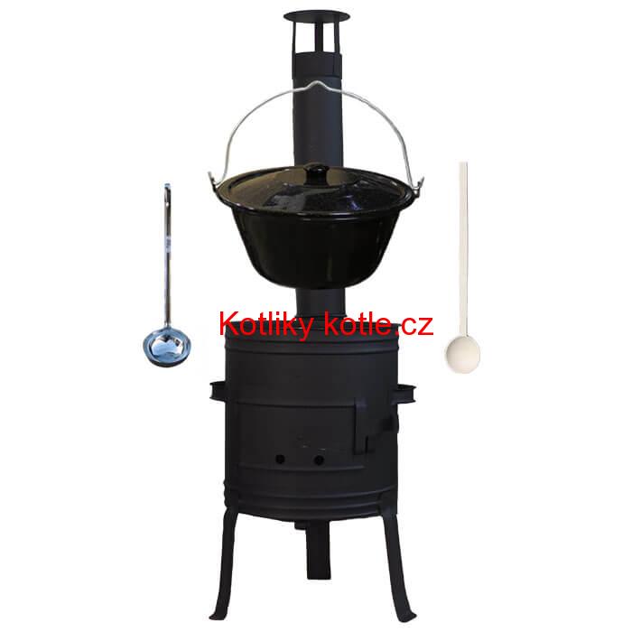 Smaltovaný kotlík 10 L (1,2 mm) + nízká žáruvzdorná kotlina 33 cm PLUS 700 + vařečka a naběračka