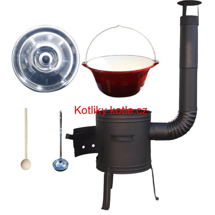 Litinový kotlík 10 L se smaltovanou úpravou + nízká žáruvzdorná kotlina 33 cm PLUS 700 + vařečka a naběračka