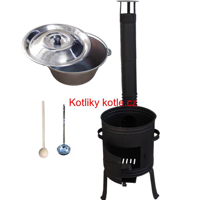 Litinový kotlík 10 L + nízká žáruvzdorná kotlina 33 cm PLUS 700 + vařečka a naběračka