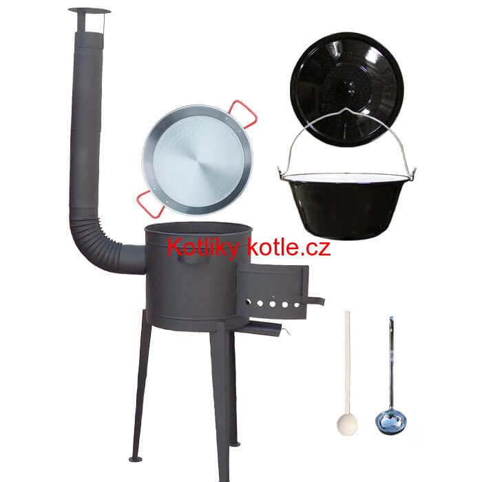 Smaltovaný kotlík 20 L (1,2 mm) + Paella ocelová pánev 46 cm + žáruvzdorná vysoká kotlina 42 PLUS 600