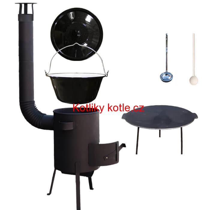 Smaltovaný kotlík 20 L + Litinová pánev 45 cm + žáruvzdorná kotlina 42 PLUS 600 s roštem na popel 4 mm