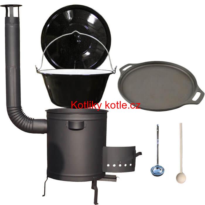 Smaltovaný kotlík 20 L (1,2 mm) + Litinová pánev 43 cm + silnostěnná (1,5 mm) a žáruvzdorná kotlina 42 PLUS 600