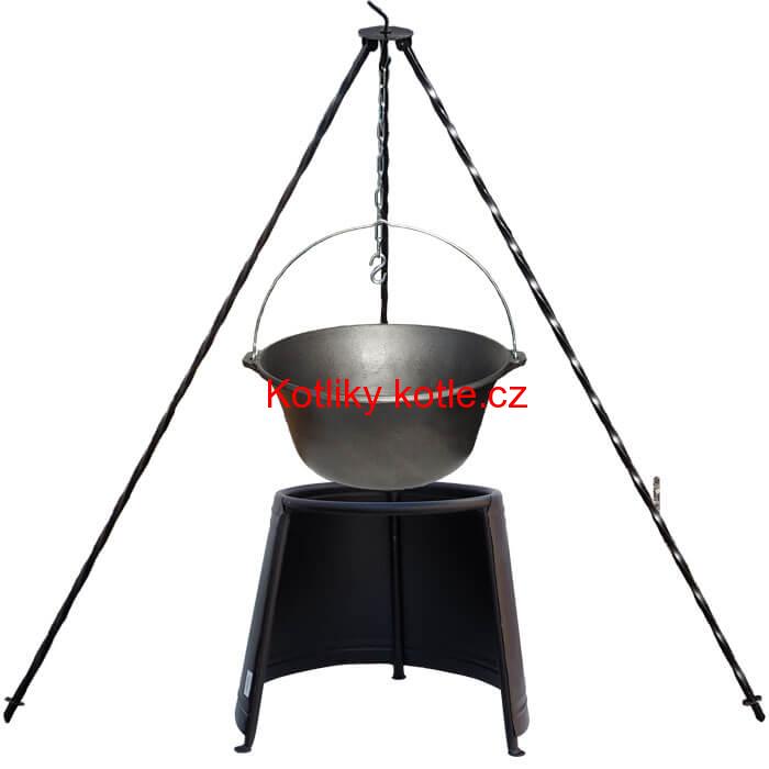 Litinový kotlík 10,8 L + chránič plamene 37 cm + trojnožka 1,2 m