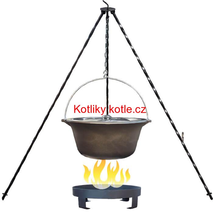 Litinový kotlík 10,8 L + nerezová poklice  + trojnožka 1,2 m + ohniště 36 cm