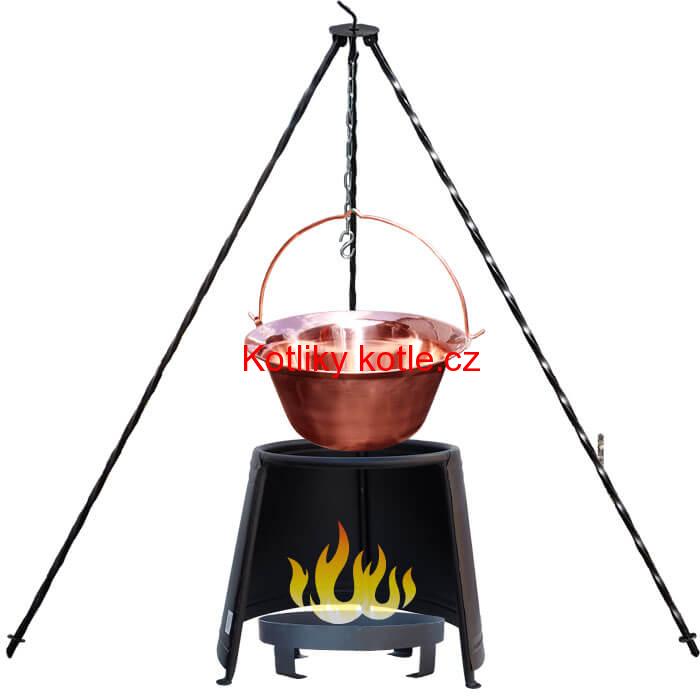 Měděný kotlík 20 L (1,2 mm) + chránič plamene 43 cm + ohniště 36 cm + trojnožka 1,2 m