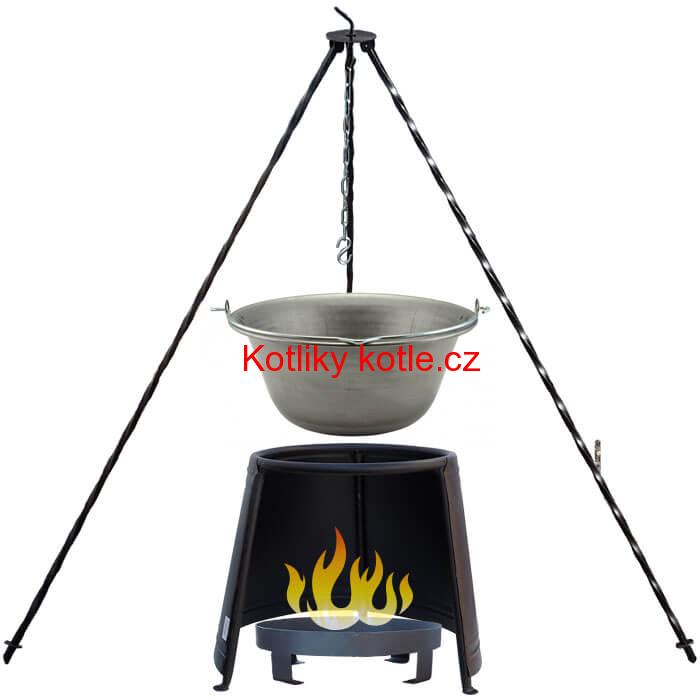 Železný kotlík 14 L (0,75 mm) + chránič plamene 37 cm + ohniště 36 cm + trojnožka 1,2 m