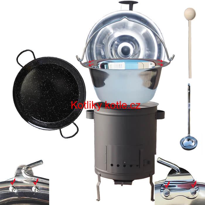 Nerezový kotlík 15 L (0,8 mm) zesílený s nýty + Paella pánev 38 cm + silnostěnná (1,5 mm) žáruvzdorná kotlina 36 PLUS 600