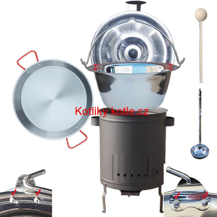 Nerezový kotlík 15 L (0,8 mm) zesílený s nýty + Paella pánev 38 cm + silnostěnná (1,5 mm) žáruvzdorná kotlina 36 PLUS 600